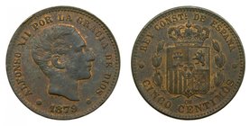 ALFONSO XII. 5 céntimos. 1879. OM. Barcelona. (cal.73).
Grado: ebc+