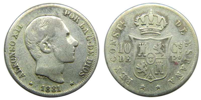 ALFONSO XII. 10 Centavos de Peso. 1881. Manila Filipinas. (cal.94). 2,53 gr Ag. ...
