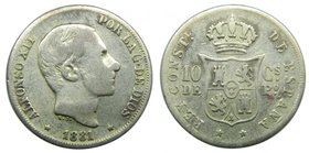 ALFONSO XII. 10 Centavos de Peso. 1881. Manila Filipinas. (cal.94). 2,53 gr Ag. 
Grado: bc-