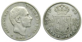 ALFONSO XII. 20 Centavos de Peso. 1882. Manila Filipinas. (cal.89). 5,11 gr Ag. 
Grado: bc+