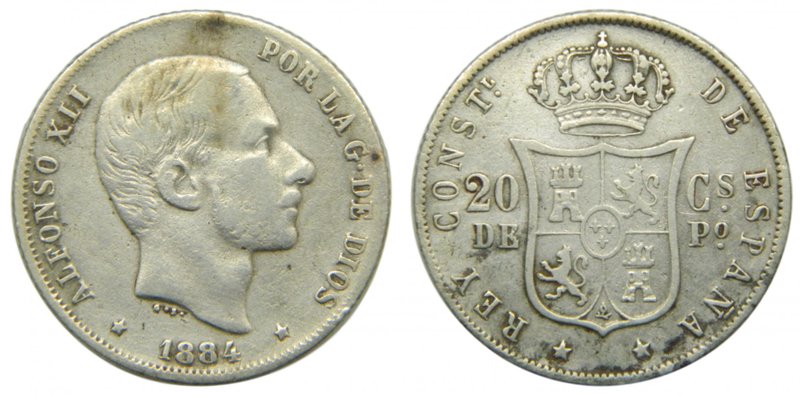 ALFONSO XII. 20 Centavos de Peso. 1884. Manila Filipinas. (cal.91). 5,05 gr Ag. ...