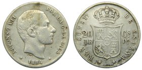 ALFONSO XII. 20 Centavos de Peso. 1884. Manila Filipinas. (cal.91). 5,05 gr Ag. Escasa.
Grado: bc+