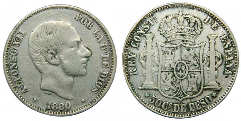 ALFONSO XII. 50 Centavos de Peso. 1880. Manila Filipinas. (cal.78). 12,61 gr Ag....