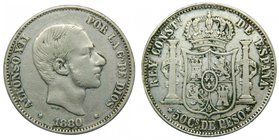 ALFONSO XII. 50 Centavos de Peso. 1880. Manila Filipinas. (cal.78). 12,61 gr Ag. Rara.
Grado: mbc-