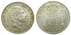 ALFONSO XII. 50 Centavos de Peso. 1885. Manila Filipinas. (cal.86). 12,92 gr Ag.
Grado: ebc+/sc-
