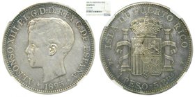 ALFONSO XIII. 1 peso. 5 pesetas. 1895 PGV. Puerto Rico. (Cal.82). NGC Au Details Cleaned.
Grado: AU