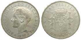 ALFONSO XIII. 1 Peso. 1897. SGV. Manila Filipinas. (cal.81). 24,8 gr Ag. 
Grado: mbc