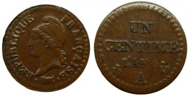 Francia. Un céntime. Lan6. (1797-1798). A Paris. (km#646). Bronze. 18 mm. 
Grado: ebc