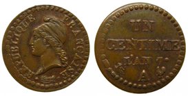 Francia. Un céntime. Lan7. (1798-1799). A Paris. (km#646). Bronze. 18 mm.
Grado: ebc
