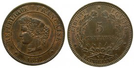 Francia. 5 centimes. 1897 A. Republique Francaise. (km#821.1).
Grado: sc-
