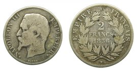 Francia 2 Francs 1856 BB . Napoleón III. (pequeñas). Estrasburgo. Cabeza sin laurear. KM-780.2. AR. Rara.
Grado: bc+