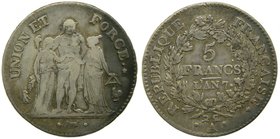 Francia. 5 francs. Lan 7. (1798-1799). A. Paris. 24,77 gr Ar. (km#639.1). (Gad. 563).
Grado: bc-