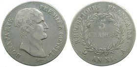 Francia. 5 francs. AN XI. A. Paris. (1803). Napoleon Bonaparte. Premier Consul. (1799-1804). (Gad. 577). (Km#650.1). 24,80 gr Ar.
Grado: bc+