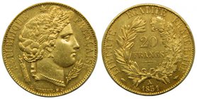 Francia 20 Francs 1851 A Paris (km#762) 6,45 gr AU 900 mls. Ceres. marquitas 
Grado: mbc+