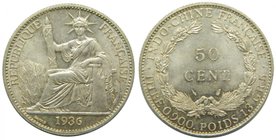 Francia. 50 cents. 1936. INDO-CHINE. French Indo-China - French Colony. (km# 4a.2). Ag, 13.48 gr.
Grado: sc