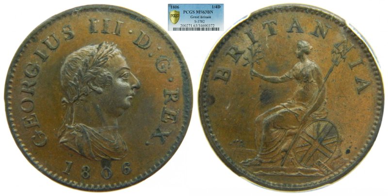 Gran bretaña . Farthing 1806 Georgius III (km#661) S-3782 cooper PCGS MS63 
Gra...