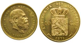 Holanda . 10 Gulden 1879 (km#1879) 6,73 gr au. Willem III. 
Grado: sc-