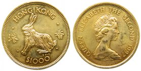 Hong Kong 1000 dollars 1987 (km#58) 15,97 gr AU 917 mls. Elizabeth II. Year of the Rabbit. 
Grado: sc