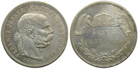 Hungria. 5 korona . 1900. FRANCISCO JOSÉ I. Ag (Km#2807).24,25 gr 
Grado: sc