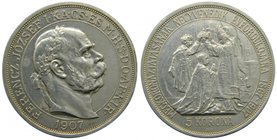 Hungria. 5 korona. 1907. AR. 40 Aniversario Coronación de Francisco José. (Km#489) 24,46 gr Ag. 
Grado: ebc-