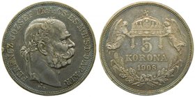 Hungria. 5 korona. 1908 KB . AR.Franz Joseph I.Francisco José. (Km#488) 24,46 gr Ag. 
Grado: mbc