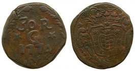India-Portugesa 1/2 Tanga (30 Reis) 1774 (km#135) Joseph I . Cooper. 20,8 gr 30 Ø mm. 
Grado: mbc