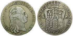 Italia. 120 grana o Piastra. 1798 napoles. Fernando IV de Borbon. (1759-1798, I periodo) 27,26 gr Ag.
Grado: bc