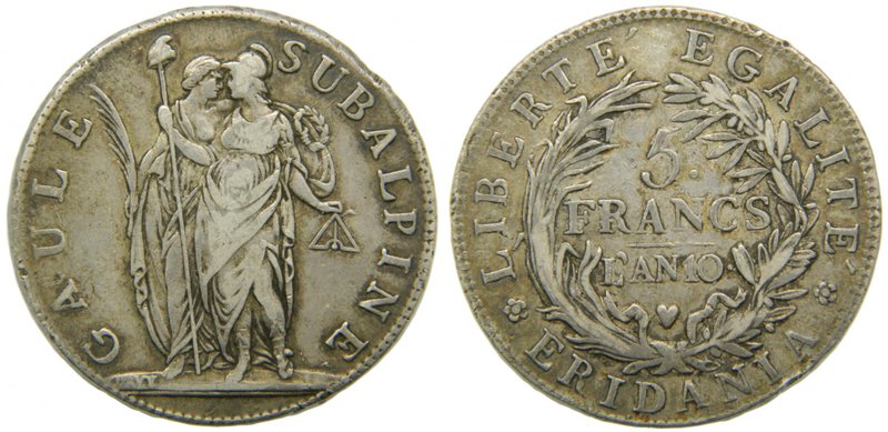 Italia. Gaule subalpine, 5 francs, An 10 (1801) Piedmont republic. 24,81 gr AG. ...