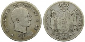 Italia 5 lire 1811 M . Kingdom of Napoleon. (km10.4) Napoleon I. 24,48 gr Ag. 
Grado: bc-
