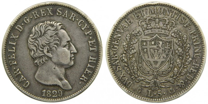 Italia. 5 lire 1829 .Cerdeña Carlos Félix. Turín. 5 liras (Km#116.2). 24,87 gr A...