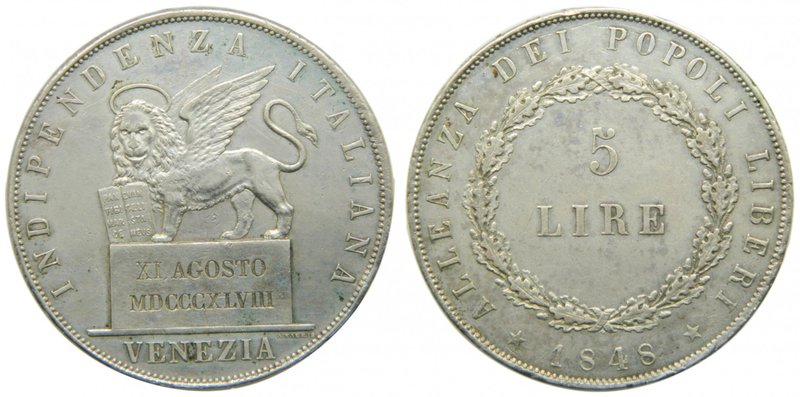 Italia. 5 lire. 1848 . Venezia. (km#803) 24,98 gr Ag. XI Agosto MDCCCXLVIII . Go...