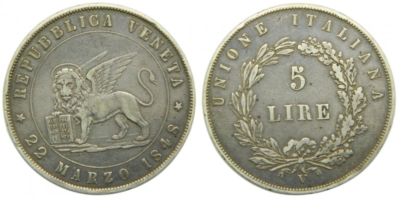 Italia. 5 lire. 1848 V . Venezia. (km#804) 24,86 gr Ag. . Diritto: leone di San ...