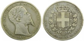 Italia. 5 lire. 1851 P .Cerdeña .Víctor Manuel II. 5 liras. (Km#144.2). 24,65 gr Ag 
Grado: bc