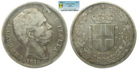 Italia . 5 lire. 1878 R . Umberto I (km#20) PCGS VF30 . rara.
Grado: VF30