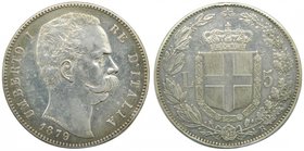 Italia . 5 lire. 1879 R . Umberto I (km#20) 24,94 gr Ag. 
Grado: mbc