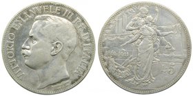 Italia. 5 lire . 1911 R. (Roma ) Víctor Manuel III. 5 liras. (Km#53). 24,92 gr Ag. 50 Th anniversary of the Kingdom.
Grado: mbc