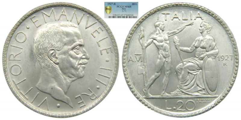 Italia . 20 lire 1927 R Yr VI . Vittorio Emanuele III. (km#69) PCGS MS65 
Grado...