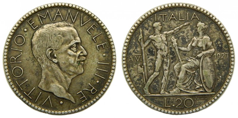Italia . 20 lire 1927 R Yr VI . Vittorio Emanuele III. (km#69) 15 gr Ag.
Grado:...