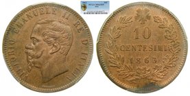 Italia. 10 centesimi. 1963 . Vittorio Emanuel III. (Km#11.2) Copper. PCGS MS63 BN Italy.
Grado: MS63