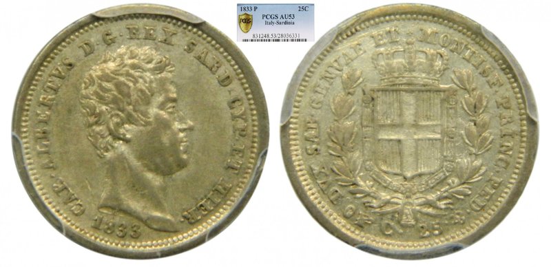 Italia . 25 Centesimi 1833 P. Cerdeña. Carlo Alberto, (1831-1849) Torino. (Pagan...