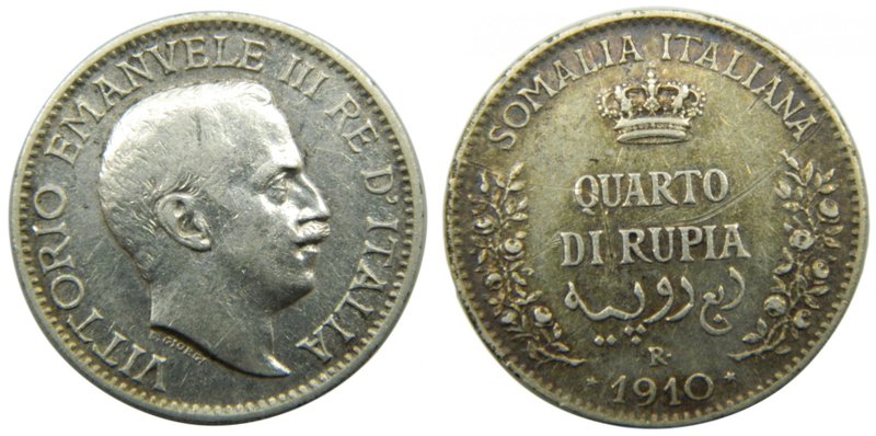 Italia . Italian Somaliland ,1/4 Rupia 1910 R (km#4) Vittorio Emanuele III. Silv...