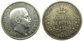 Italia . Italian Somaliland ,1/4 Rupia 1910 R (km#4) Vittorio Emanuele III. Silver . Somalia Italiana. Rome
Grado: mbc