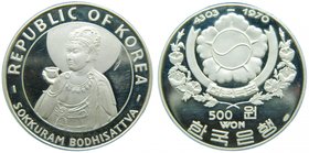 Corea del Sur . South Korea Republic 500 Won KE 4303-1970 Sokkuram Bodhisattva, Ø 40 mm (Km#12). rayita en anverso. sc-
Grado: proof