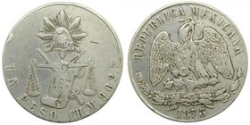Mexico. 1 Peso Chiuahua 1873 CH M. (km#408) 27,21 gr Ag. defecto en canto. 
Grado: bc