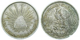 Mexico . 1 Peso 1898 AM. (km#409.2) 27,05 gr ag. golpecito en canto. 
Grado: bc