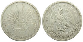 Mexico. 1 Peso Mexico City. 1908. GV. (km#409.2) 26,82 gr Ag. 
Grado: mbc
