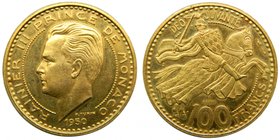 Monaco 100 francs 1950 ESSAI. (E-35) Ranier III Prince de Monaco. mintage: 500. gold. 25,51 gr AU.
Grado: sc-