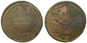 Peru, Quarto de peso 1823 . Republic. AE (Quarto de ; 2 Reales ) . Lima. (Km#138).7,69 gr Copper. oxido.
Grado: mbc