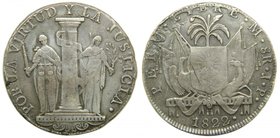 Peru 8 reales 1822 JP . (km#136) 26,40 gr Ag. Visibles letras POR incusas en reverso. Curiosa. 
Grado: mbc