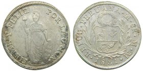 Peru. 8 reales 1831 MM. (km142.3) 26,49 gr Ag. Republica Peruana. Rayitas 
Grado: ebc-